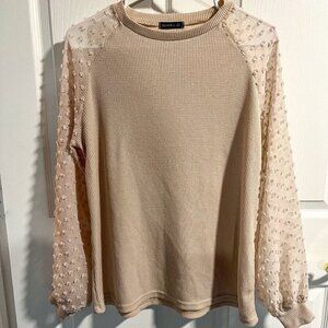 MIHOLL Large Solid Cream Sheer Pompom Balloon Sleeves Waffle Knit Shirt